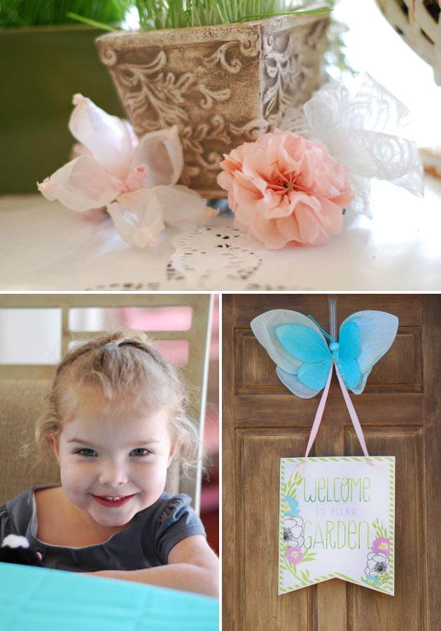 Ella and Party Decor paper flowers, third birthday, butterflies