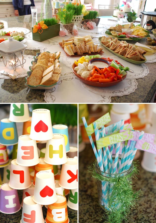 straw flags, paper cups, food